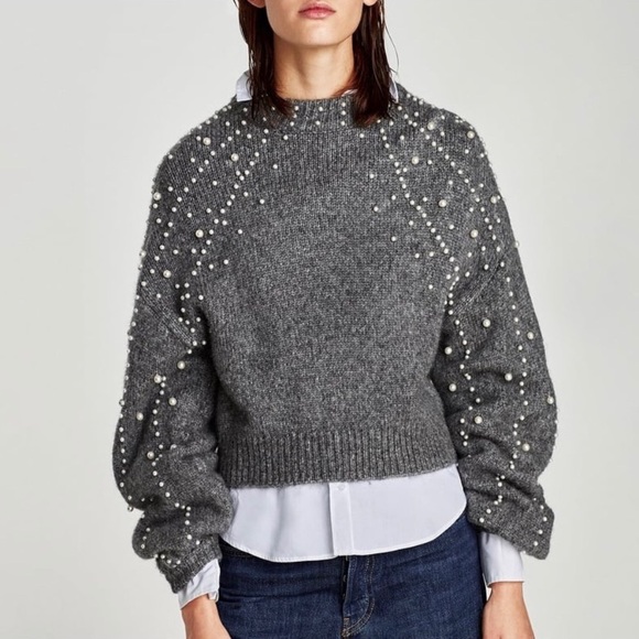 Zara Sweaters - Zara Gray Crop Sweater with Pearls EUC